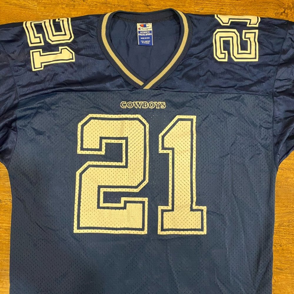 Vintage Champion Dallas Cowboys NFL Deion Sanders 21 Blue Football Jersey Men 44 - Picture 1 of 11